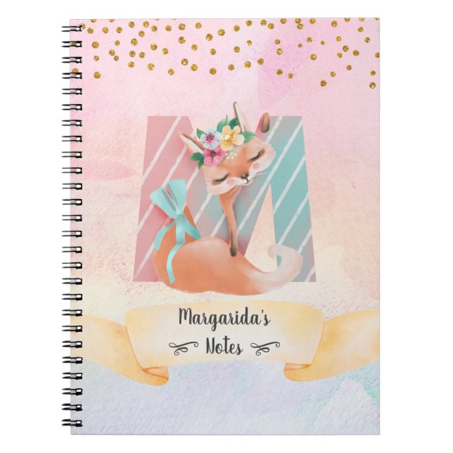 Monogram Letter M Baby Fox Girly Notebook (Front)