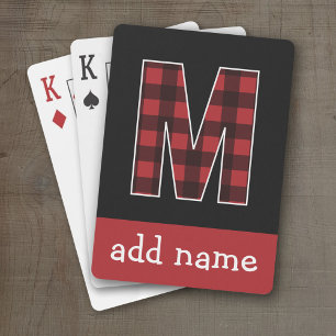 Monogram Letter M - Black and Red Buffalo Plaid Playing Cards