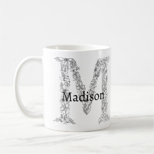 Monogram Letter M Black White Botanical Floral Coffee Mug