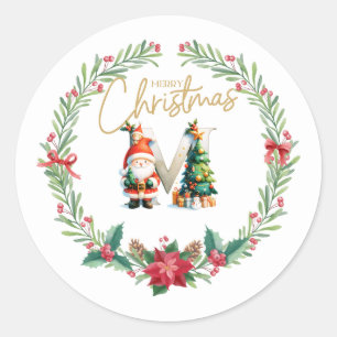 Monogram letter M, Christmas Wreath w/ Santa Claus Classic Round Sticker