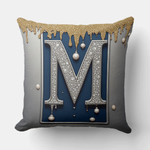 Monogram Letter M Navy Gold Dripping Paint Cushion