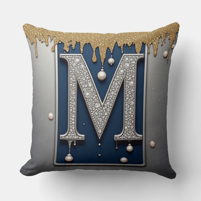 Monogram Letter M Navy Gold Dripping Paint Cushion (Front)