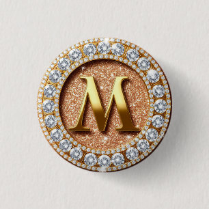 Monogram Letter M on Rose Gold Glitter Background 3 Cm Round Badge