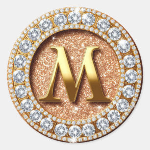 Monogram Letter M on Rose Gold Glitter Background Classic Round Sticker