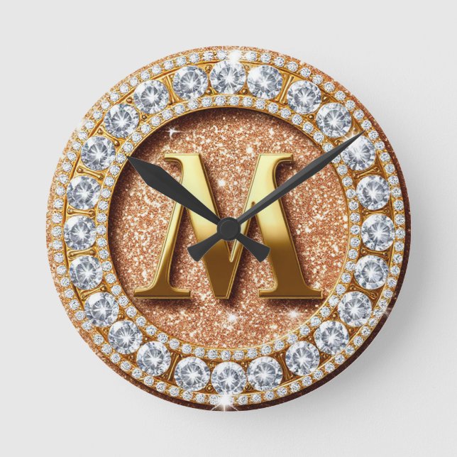 Monogram Letter M on Rose Gold Glitter Background Round Clock (Front)