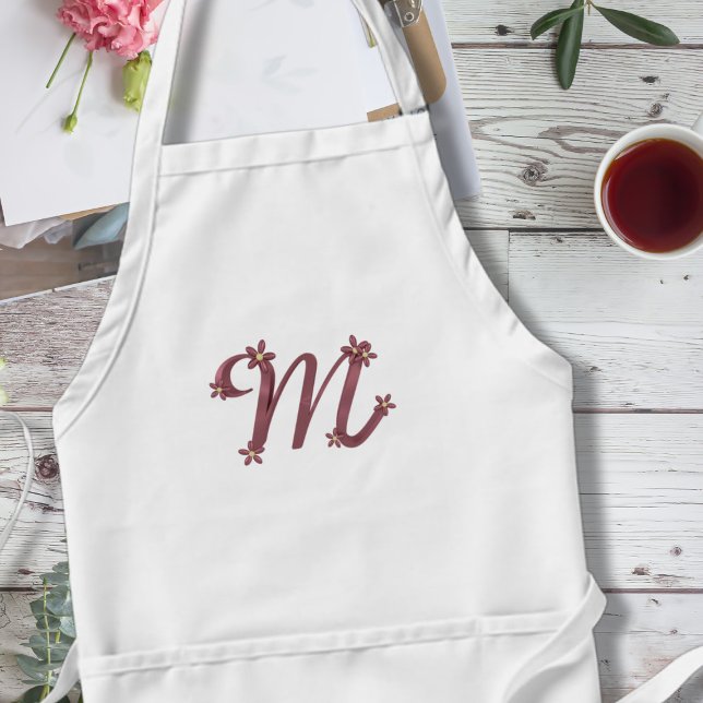 Monogram Letter M Rose Gold Floral Details Apron (A pretty letter M apron that's perfect for your Mom. Makes a great Mother's Day or birthday gift)