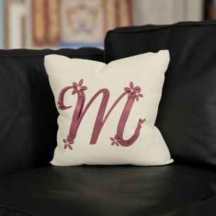 Monogram Letter M Rose Gold Floral Details Cream Cushion