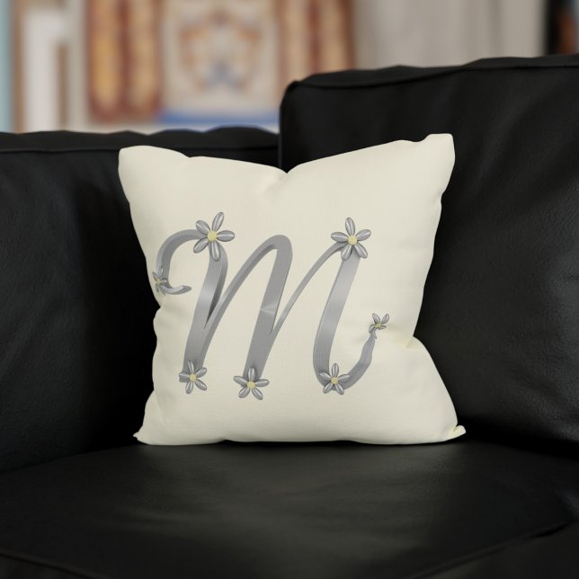 Monogram Letter M Silver Cream Throw Pillow (A silver and cream pillow perfect for your Mom as it has her initial on it)
