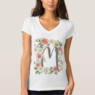 Monogram Letter M Watercolor Rose Floral Foliage T-Shirt