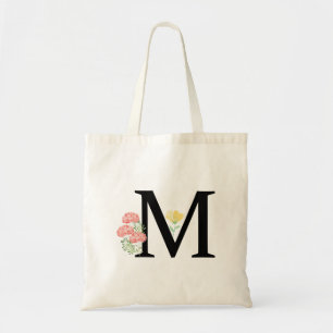 Monogram Letter M Watercolor Roses Floral Spray Tote Bag