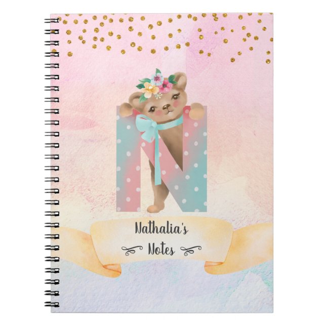Monogram Letter N Baby Bear Girl Daily Study Notebook (Front)