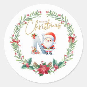 Monogram letter N, Christmas Wreath w/ Santa Claus Classic Round Sticker