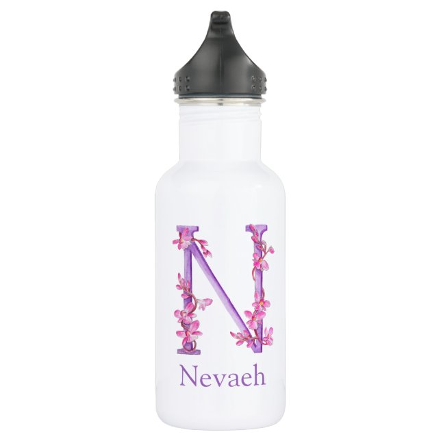 Monogram letter N name orchid pink purple 532 Ml Water Bottle (Right)