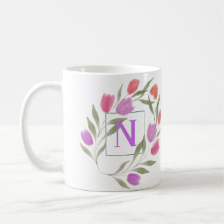 Monogram Letter N Purple & White with flowers Coffee Mug