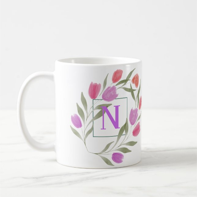 Monogram Letter N Purple & White with flowers   Coffee Mug (Left)