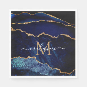 Monogram Letter Name Agate Navy Blue Gold Napkins