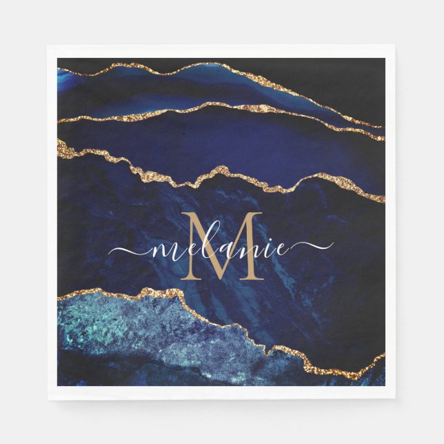 Monogram Letter Name Agate Navy Blue Gold Napkins (Front)