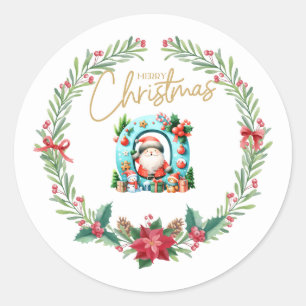 Monogram letter O, Christmas Wreath w/ Santa Claus Classic Round Sticker