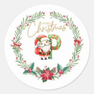 Monogram letter P, Christmas Wreath w/ Santa Claus Classic Round Sticker