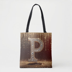 Monogram Letter P Gold Glitter Initial Gift Tote Bag