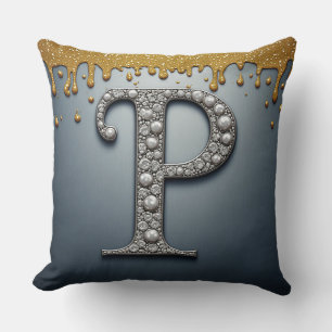 Monogram Letter P Navy Gold Dripping Paint Cushion