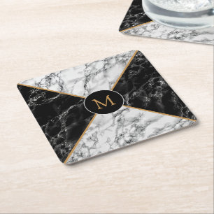 Monogram Letter Paper Coaster Black White Marble