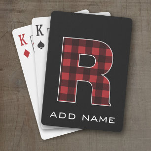 Monogram Letter R - Black and Red Buffalo Plaid Playing Cards