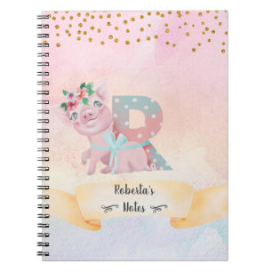 Monogram Letter R Cute Pig Girly Notebook