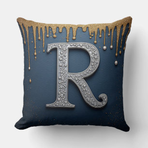 Monogram Letter R Navy Gold Pearl Initial Design Cushion