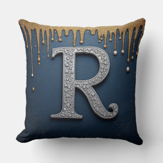 Monogram Letter R Navy Gold Pearl Initial Design Cushion