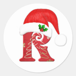 Monogram letter R, Santa hat Christmas Classic Round Sticker