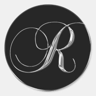 Monogram Letter R Sliver On Black Wedding Seal