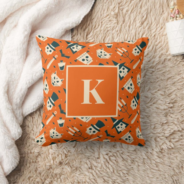 Monogram Letter Retro Spooky Halloween Pattern Cushion (Blanket)