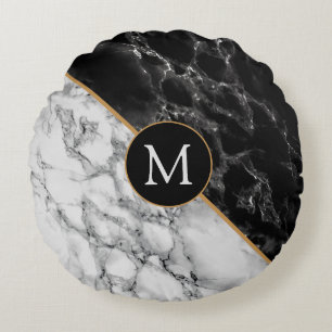 Monogram Letter Round Pillow Black White Marble