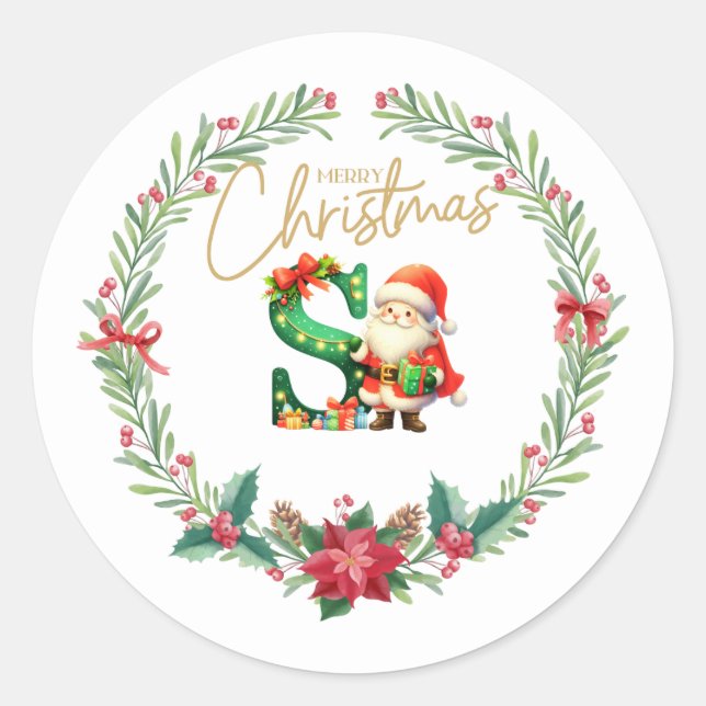 Monogram letter S, Christmas Wreath w/ Santa Clue  Classic Round Sticker (Front)