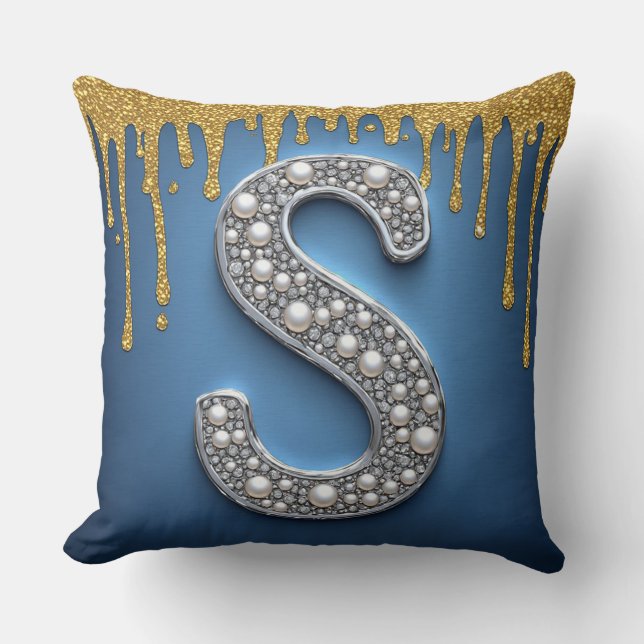 Monogram Letter S Navy Gold Dripping Paint Cushion (Front)