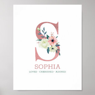 Monogram Letter S Pink Watercolor Floral Nursery Poster