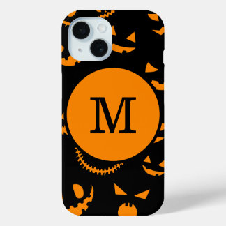 Monogram Letter Spooky Jack O Lantern Faces iPhone 15 Case