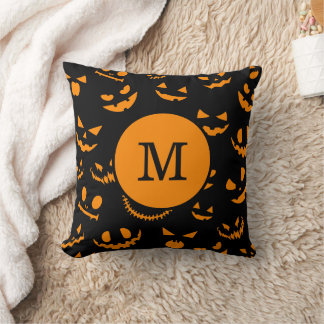 Monogram Letter Spooky Jack O Lantern Faces Cushion