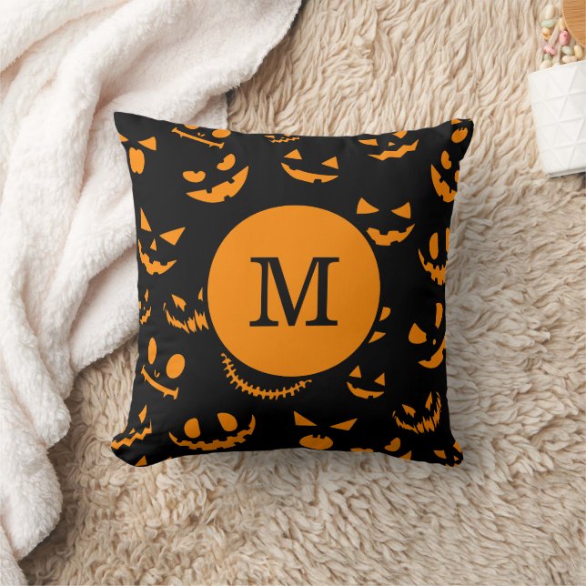 Monogram Letter Spooky Jack O Lantern Faces Cushion (Blanket)