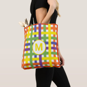 Monogram Letter Summer Beach Fun Rainbow Plaid Tote Bag