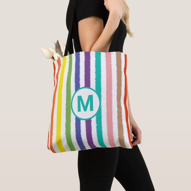 Monogram Letter Summer Beach Fun Rainbow Stripe Tote Bag (Close Up)