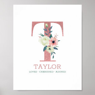 Monogram Letter T Pink Watercolor Floral Nursery Poster