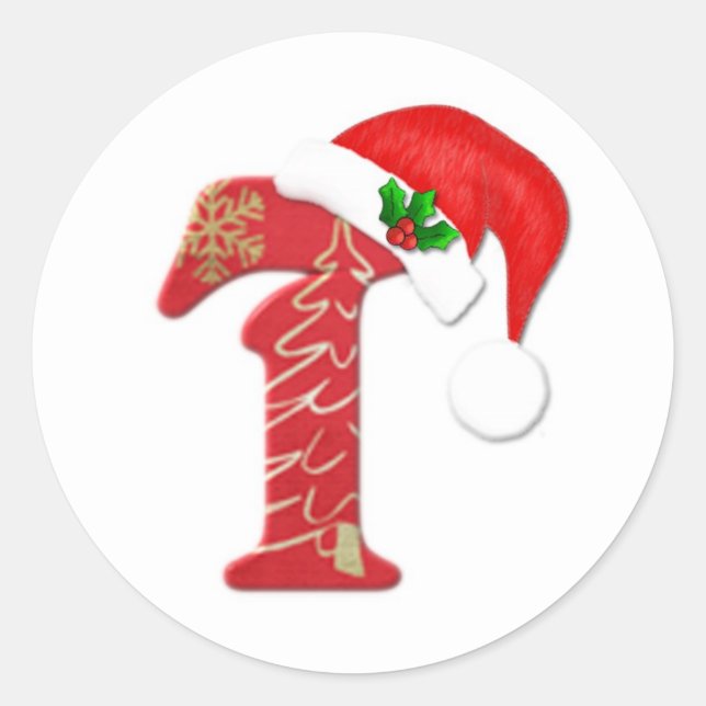 Monogram letter T, Santa hat Christmas Classic Round Sticker (Front)