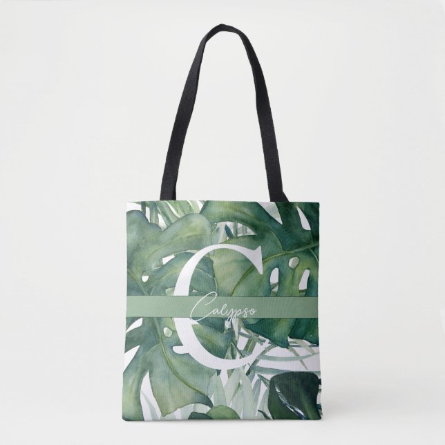 Monogram Letter Tropical Leaves Monstera Greenery Tote Bag (Front)