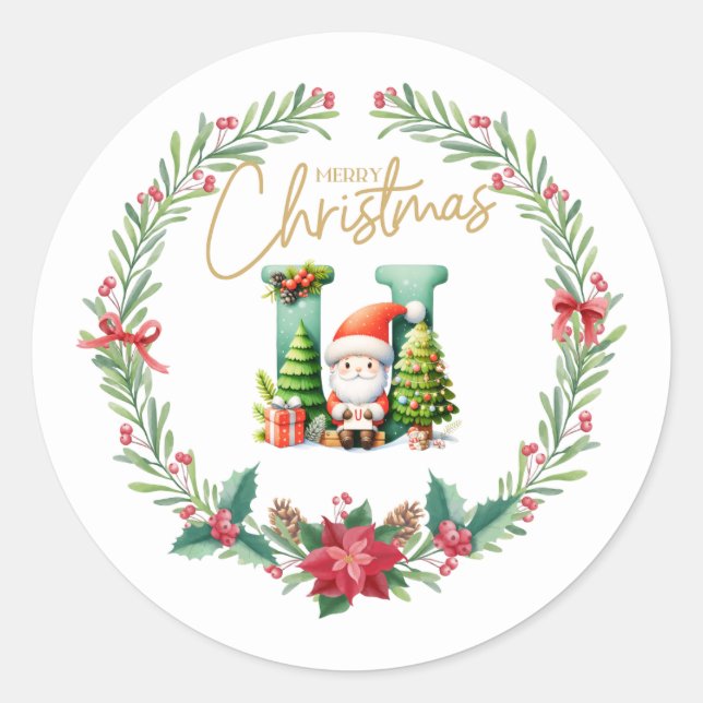 Monogram letter U, Christmas Wreath w/ Santa Claus Classic Round Sticker (Front)