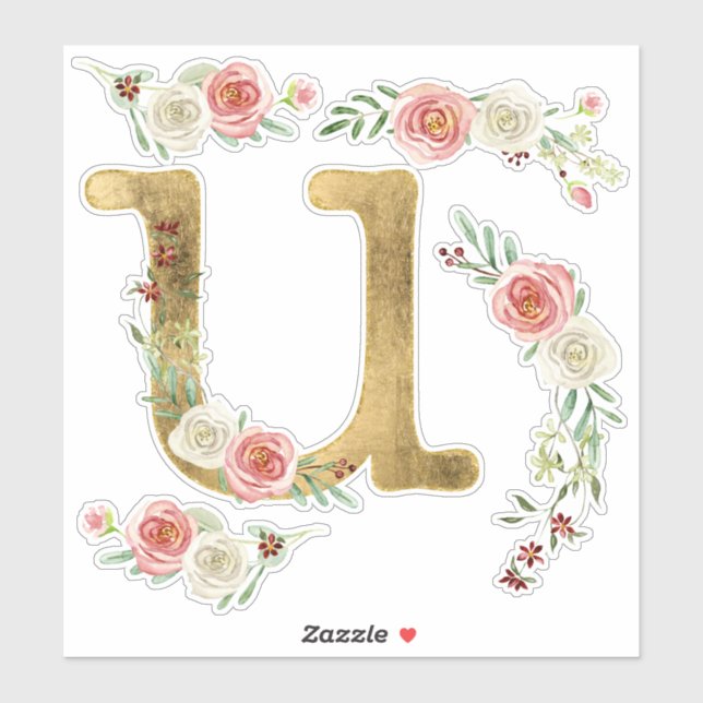 Monogram Letter U Pink Rose Floral Leaf Watercolor (Sheet)