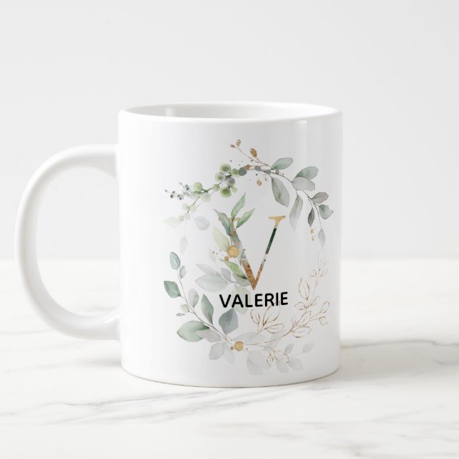 Monogram Letter V Initial Green Leaf Wreath Large Coffee Mug (Left)