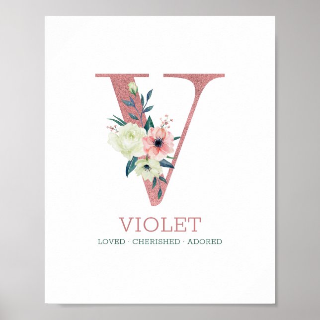 Monogram Letter V Pink Watercolor Floral Nursery Poster (Front)