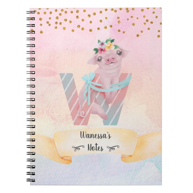 Monogram Letter W Baby Pig Girly Notebook (Front)